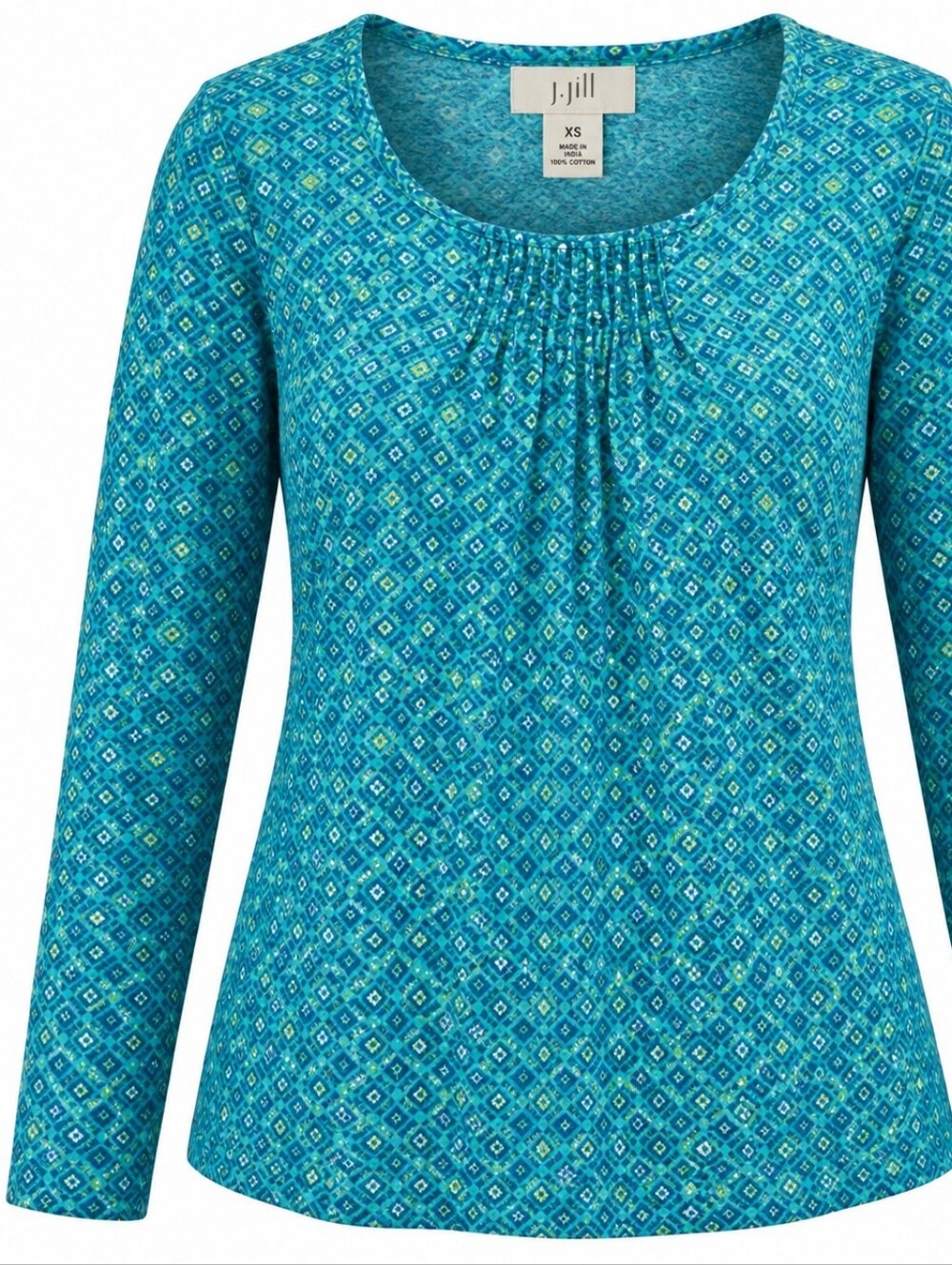 J.JILL | Teal Geometric Cotton Pintuck Peasant Boho Long Sleeve Top | XS